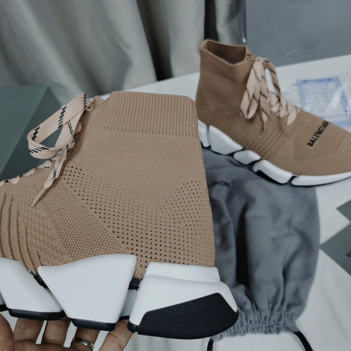 Balenciaga Unisex Beige Lace-up Sock Sneakers Fashionable Footwear for Men and Women with Unique Design