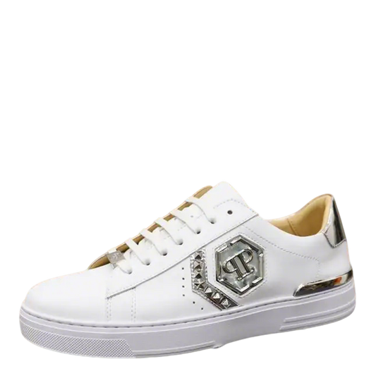 Philipp Plein White Leather Sneakers With Silver Logo Details
