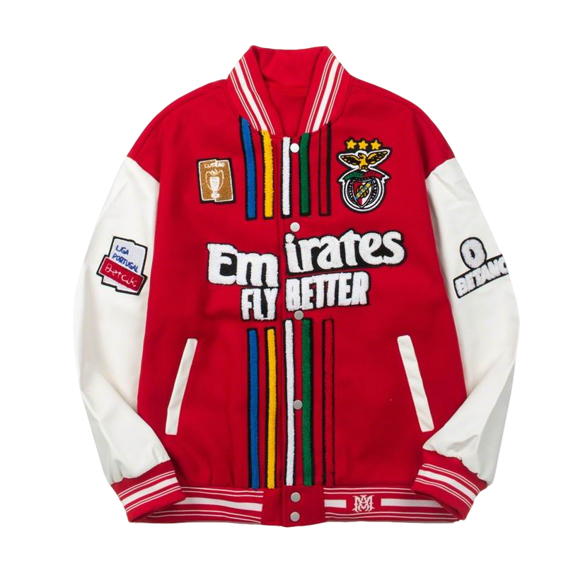Amiri Red Varsity Jacket With Colorful Patches And Emirates Slogan