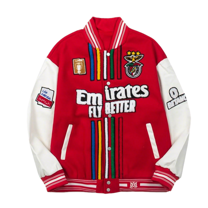 Amiri Red Varsity Jacket With Colorful Patches And Emirates Slogan
