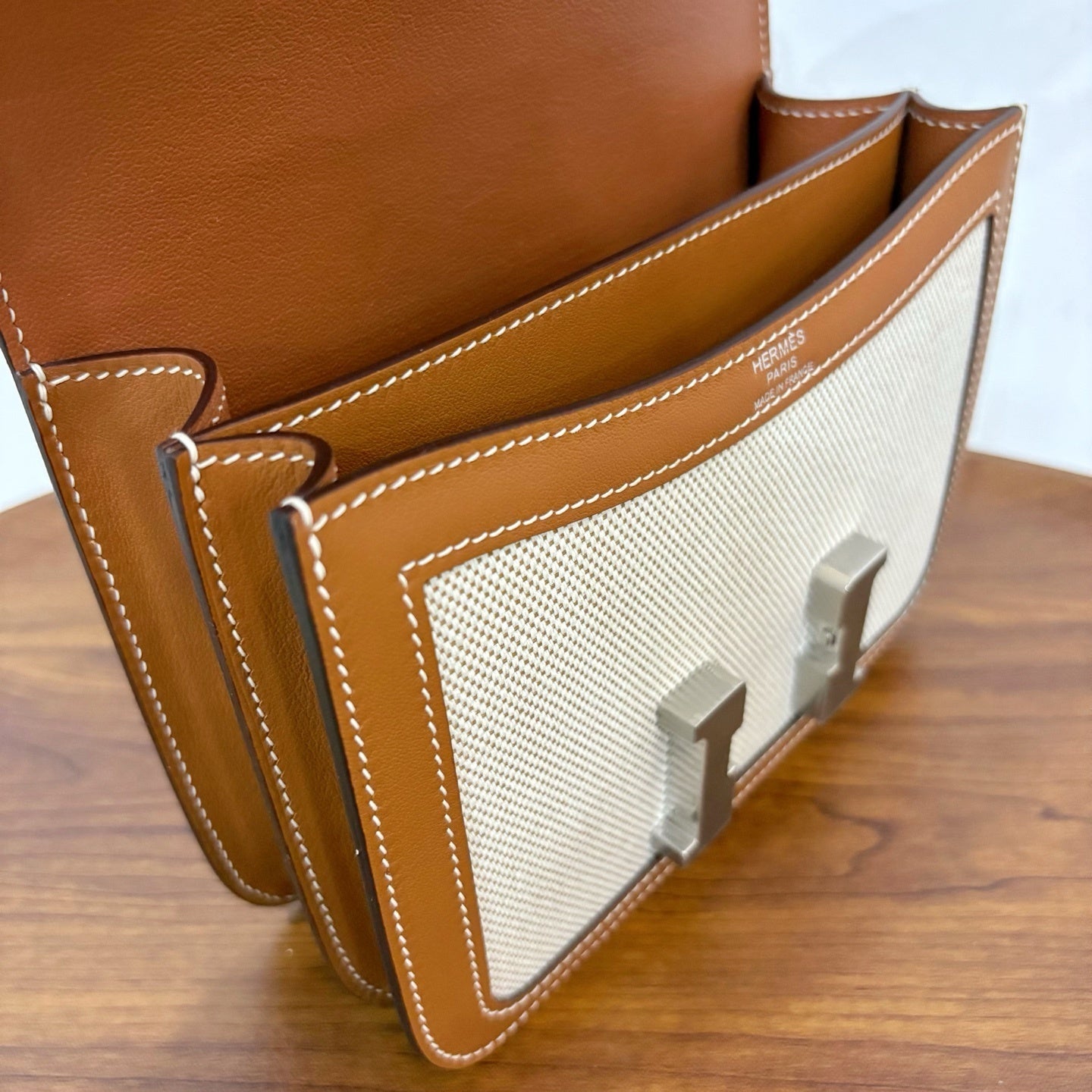 Stylish Hermès Constance - Inspired Canvas and Leather Crossbody Bag with Gold H Buckle 1922