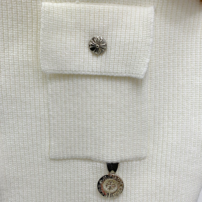 Chrome Hearts Style White Knit Zip-Up Cardigan With Cross Emblem And Pockets