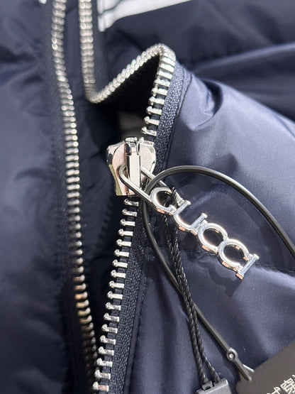 Gucci Navy Blue Hooded Down Jacket With Brand Logo Stripe