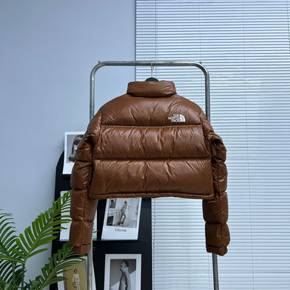 The North Face Brown Glossy Cropped Nuptse Puffer Jacket For Winter Style