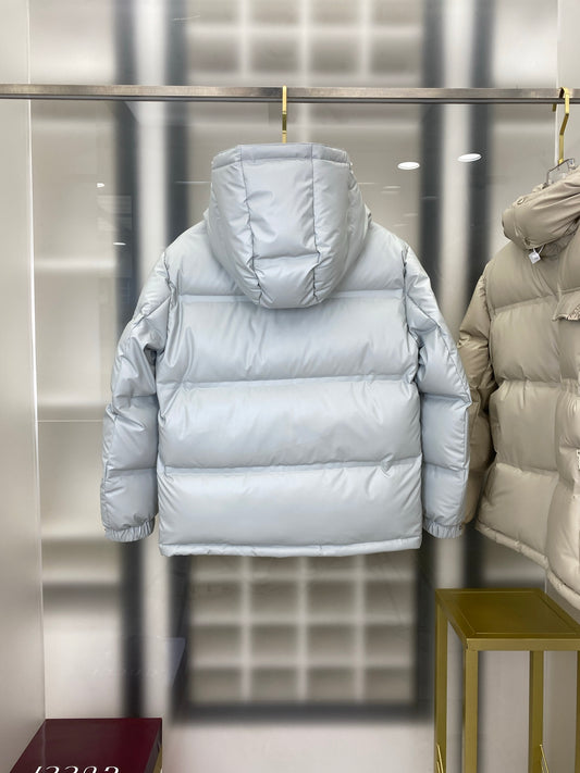 Light Gray Prada Puffer Jacket With Hood And Logo