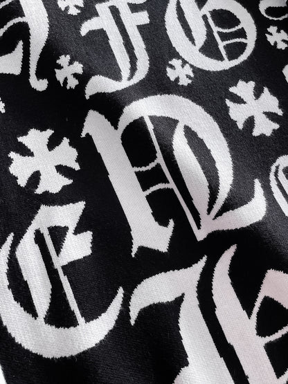Chrome Hearts Style Black Crew Neck Sweater With Gothic Letter Print