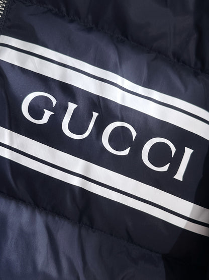 Gucci Navy Blue Hooded Down Jacket With Brand Logo Stripe