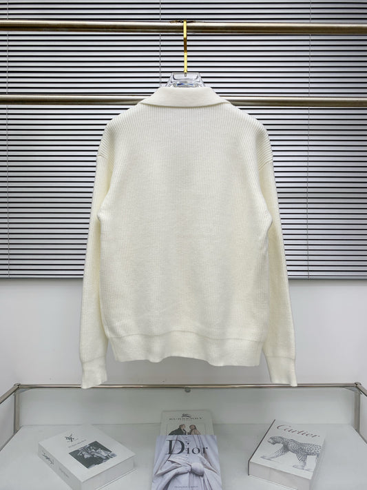 Chrome Hearts Style White Knit Zip-Up Cardigan With Cross Emblem And Pockets
