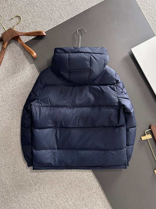 Gucci Navy Blue Hooded Down Jacket With Brand Logo Stripe