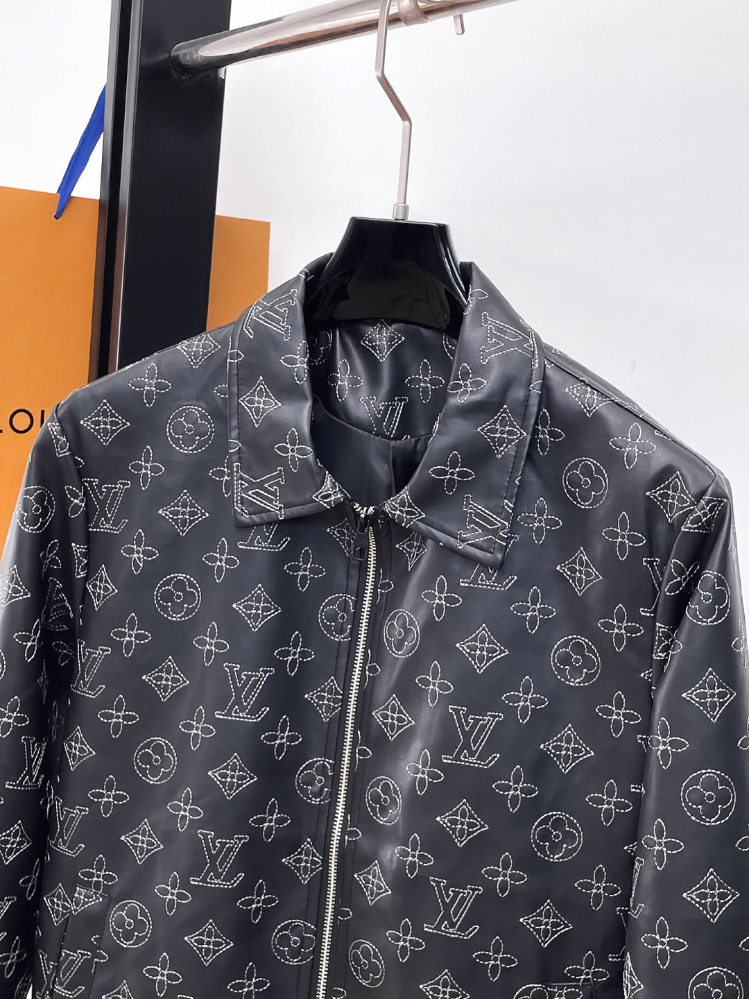 Louis Vuitton Monogram Print Leather Jacket with Zip-Front