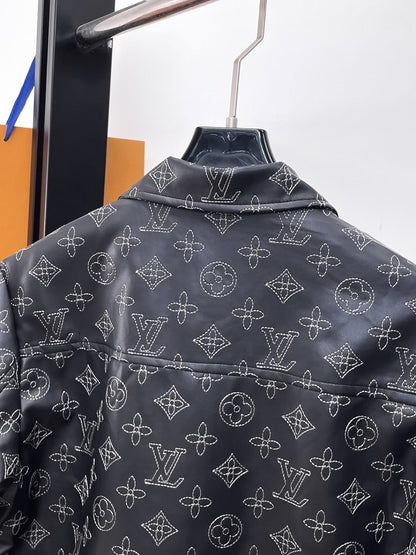 Louis Vuitton Monogram Print Leather Jacket with Zip-Front