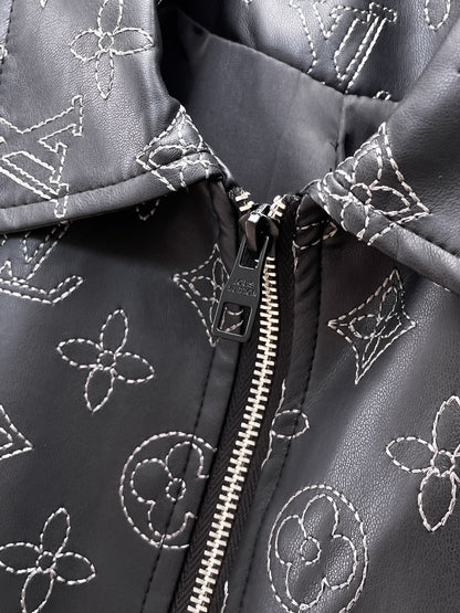Louis Vuitton Monogram Print Leather Jacket with Zip-Front