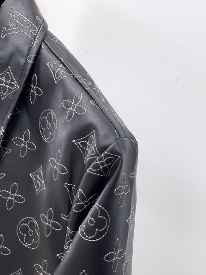 Louis Vuitton Monogram Print Leather Jacket with Zip-Front