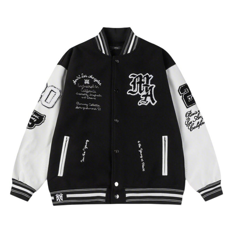 Amiri Black And White Varsity Jacket With Embroidered Graphics