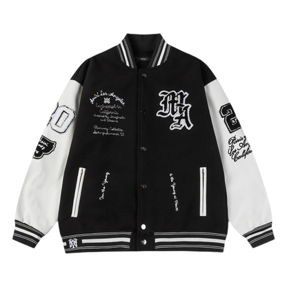 Amiri Black And White Varsity Jacket With Embroidered Graphics