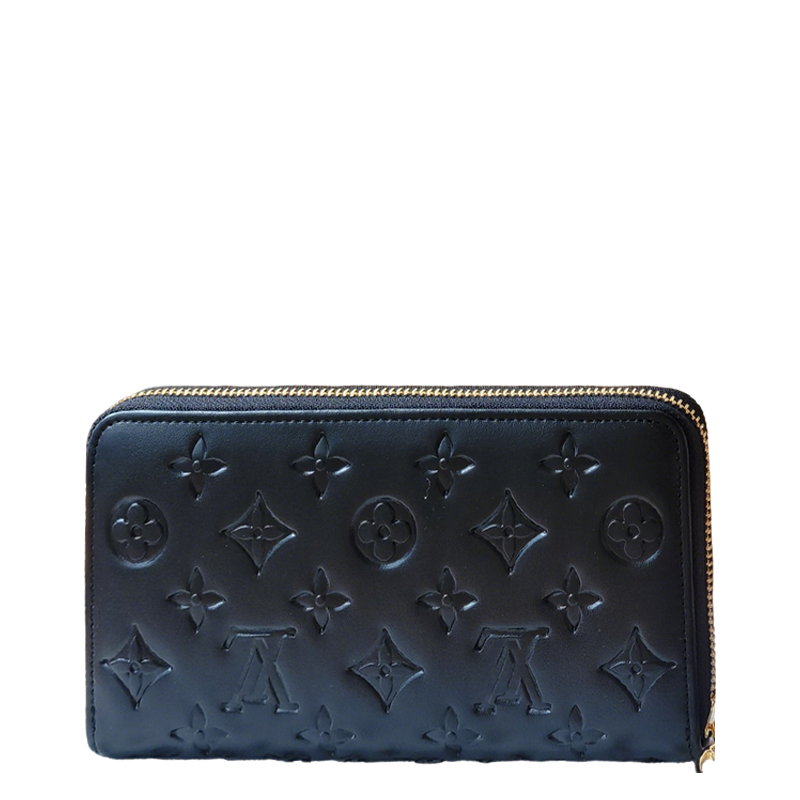Elegant Louis Vuitton Black Embossed Leather Zip Around Wallet With Gold Accents