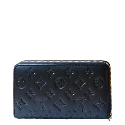 Elegant Louis Vuitton Black Embossed Leather Zip Around Wallet With Gold Accents