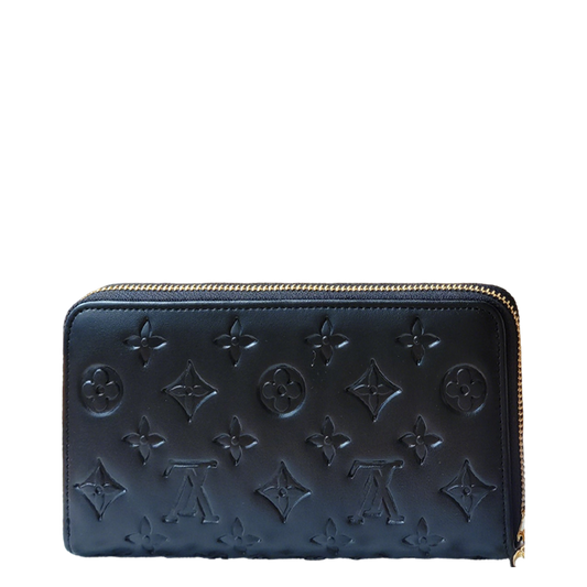 Elegant Louis Vuitton Black Embossed Leather Zip Around Wallet With Gold Accents