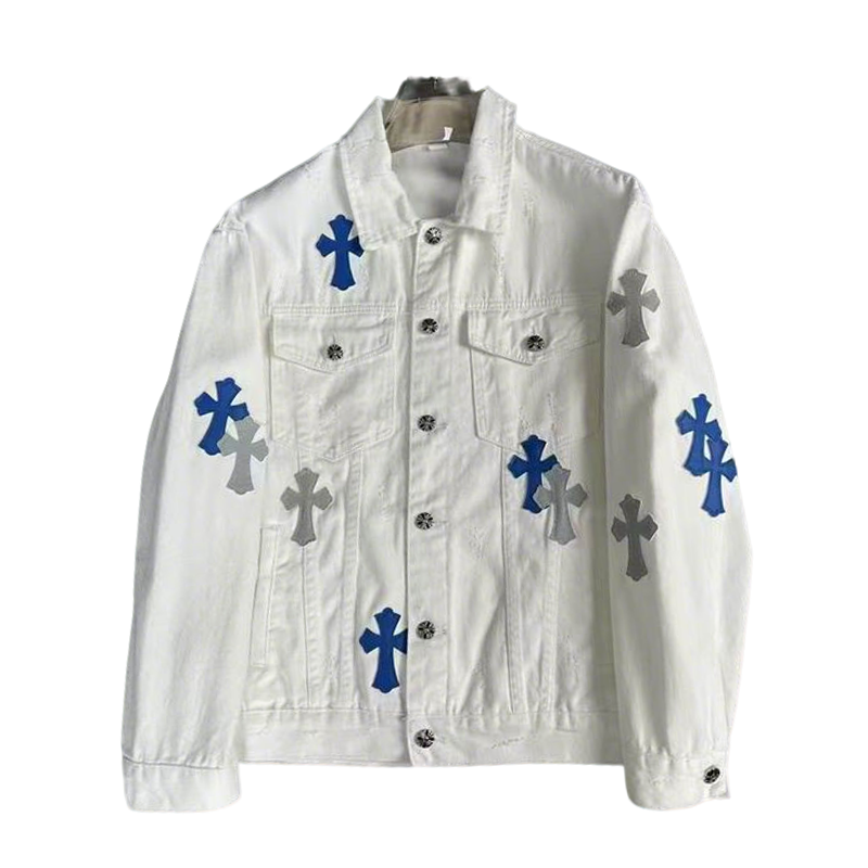 Chrome Hearts Inspired White Denim Jacket With Cross Patches
