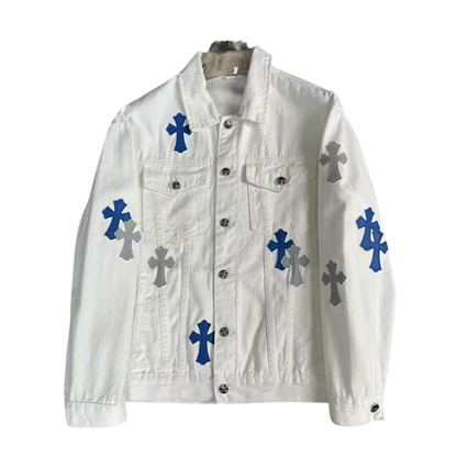 Chrome Hearts Inspired White Denim Jacket With Cross Patches