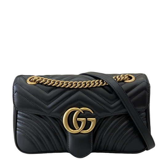 Gucci Black Matelassé Leather Shoulder Bag With Gold - Tone Double G Hardware And Chain Strap 443497