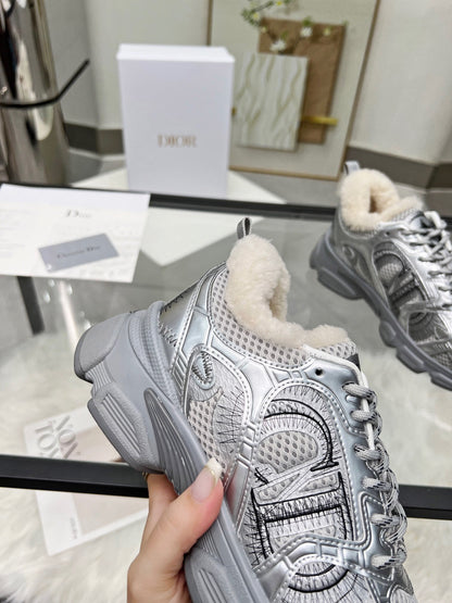 Women's Dior Silver Sneakers With Cozy Fleece Lining