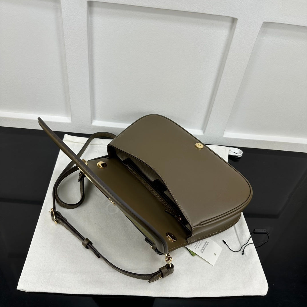 Gucci Olive Green/Brown Suede Shoulder Bag With Gold Tone Interlocking G Logo And Leather Trims