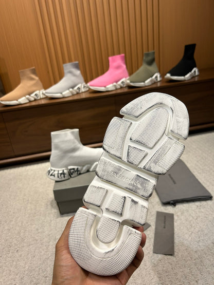 Balenciaga Unisex Sock Sneakers Stylish White Design with Graffiti Detail for Fashion Enthusiasts