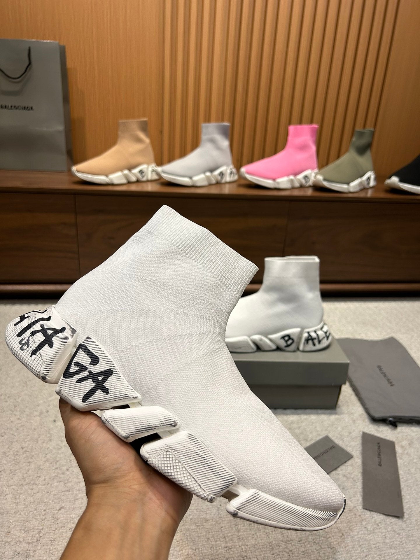 Balenciaga Unisex Sock Sneakers Stylish White Design with Graffiti Detail for Fashion Enthusiasts