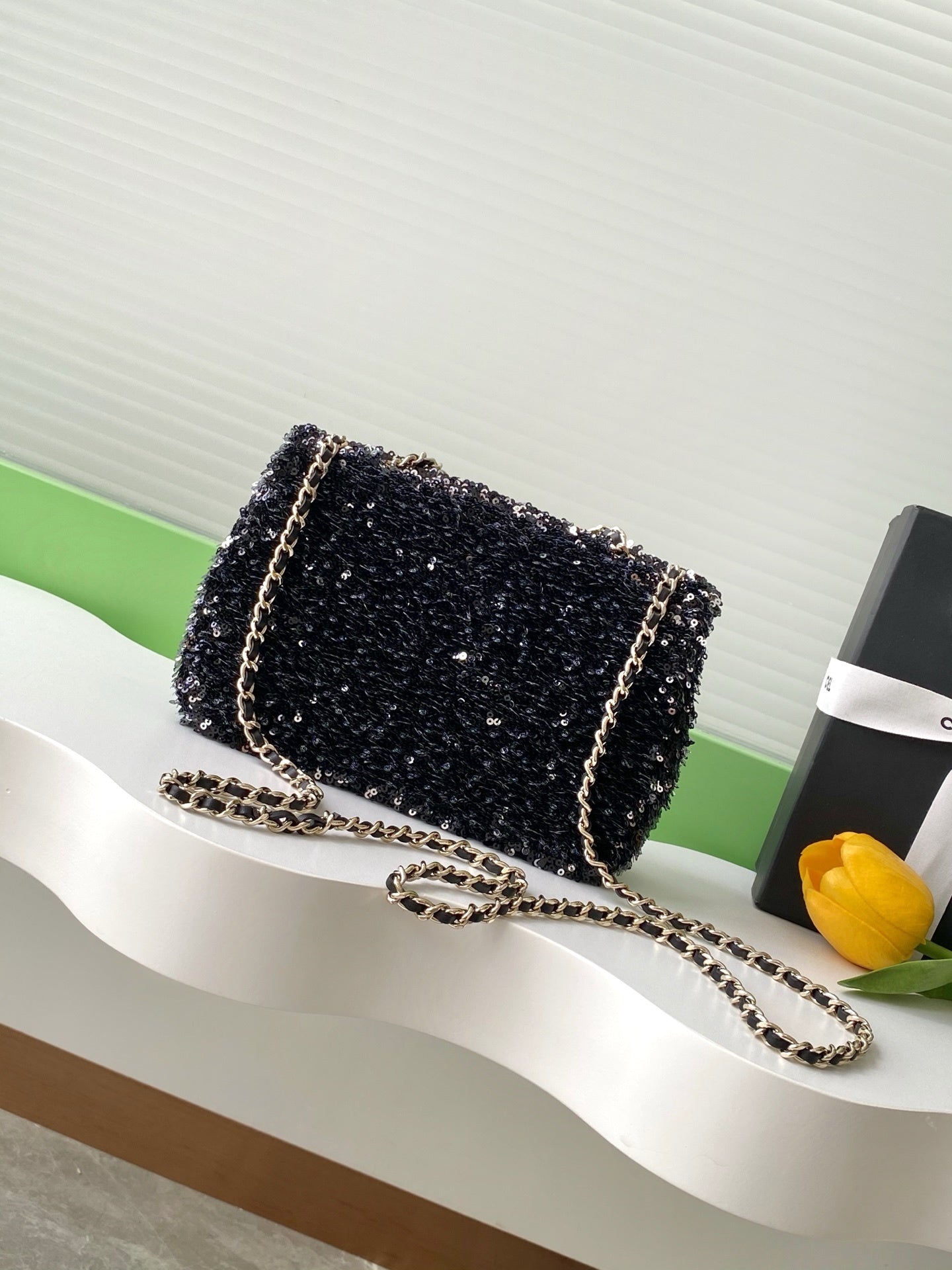 Chanel Black Sequin - Embellished Handbag With Gold CC Logo And Chain Strap AS4561