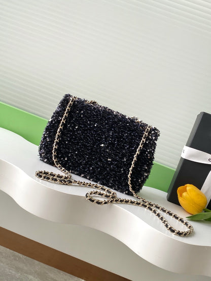 Chanel Black Sequin - Embellished Handbag With Gold CC Logo And Chain Strap AS4561