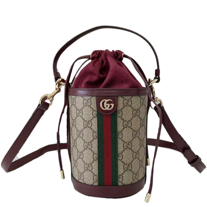 Gucci Beige Ebony GG Supreme Canvas Bucket Bag With Burgundy Suede And Web Stripe 838462