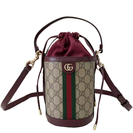 Gucci Beige Ebony GG Supreme Canvas Bucket Bag With Burgundy Suede And Web Stripe 838462