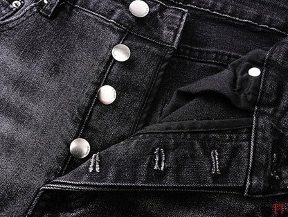 Amiri Dark Grey Distressed Jeans With Vibrant Embroidered Designs