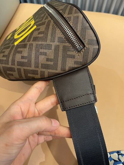 Stylish Fendi Belt Bag With Iconic FF Pattern And Bold Yellow Branding 7vA562