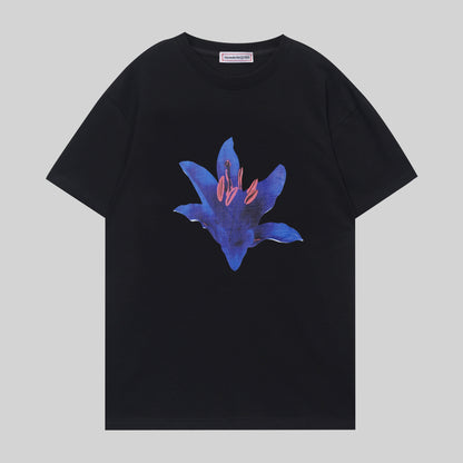 Alexander McQueen White/Black T - Shirt With Stunning Blue Flower Graphic Design