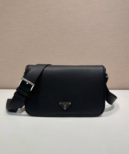Prada Brown/Black/Gray Grained Leather Crossbody Bag With Signature Logo Plate 2VD075