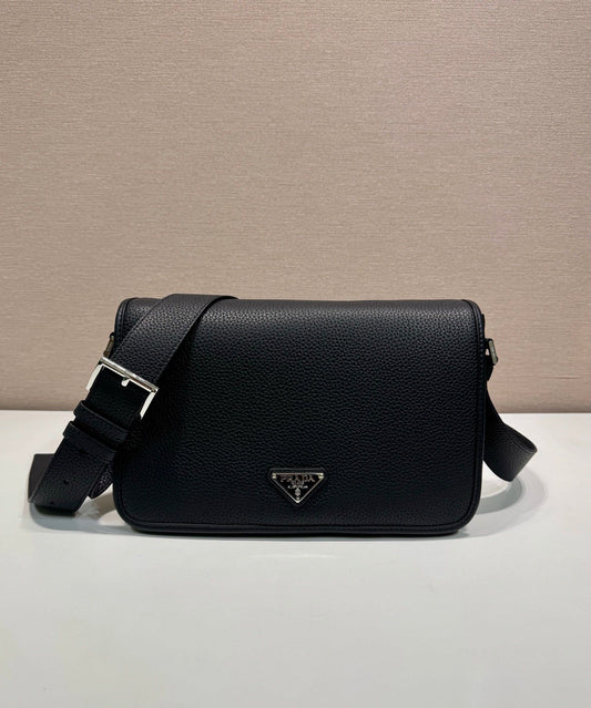 Prada Brown/Black/Gray Grained Leather Crossbody Bag With Signature Logo Plate 2VD075