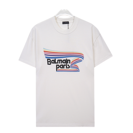 Balmain White/Black Tee With Colorful Striped Logo For Fashion - Forward Casual Outfits
