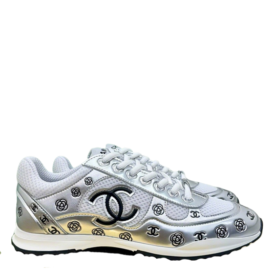 Chanel Silver - Toned Sneakers with Camellia and CC Logo