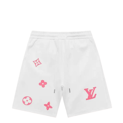 Louis Vuitton Men's White Drawstring Shorts with Pink Logo Prints