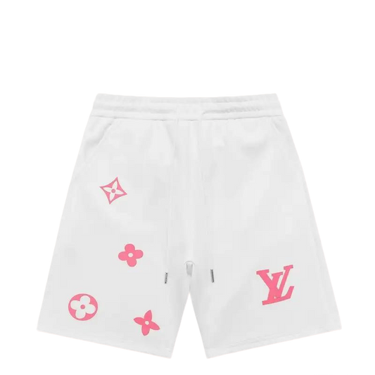 Louis Vuitton Men's White Drawstring Shorts with Pink Logo Prints