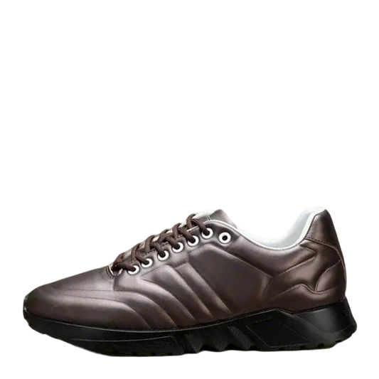 Emporio Armani Brown Leather Low - Top Sneakers With Textured Stripes