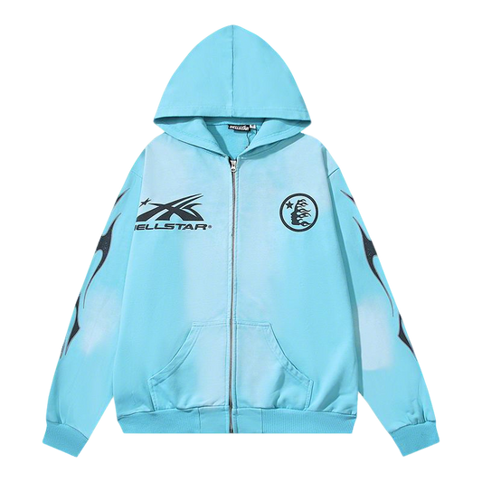 Light Blue Hooded Jacket With Hellstar Graphic Prints