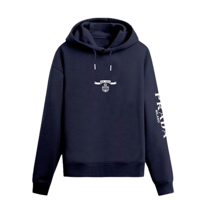 Prada Navy Blue Hoodie With Signature Logo Badge And Branding On Sleeve