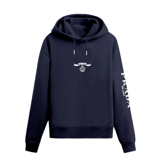 Prada Navy Blue Hoodie With Signature Logo Badge And Branding On Sleeve