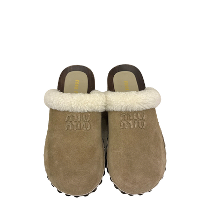 Miu Miu Women's Beige Suede Shearling - Lined Mules