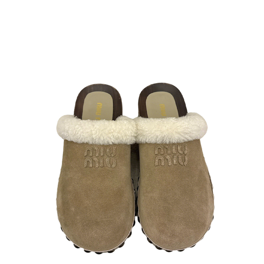 Miu Miu Women's Beige Suede Shearling - Lined Mules