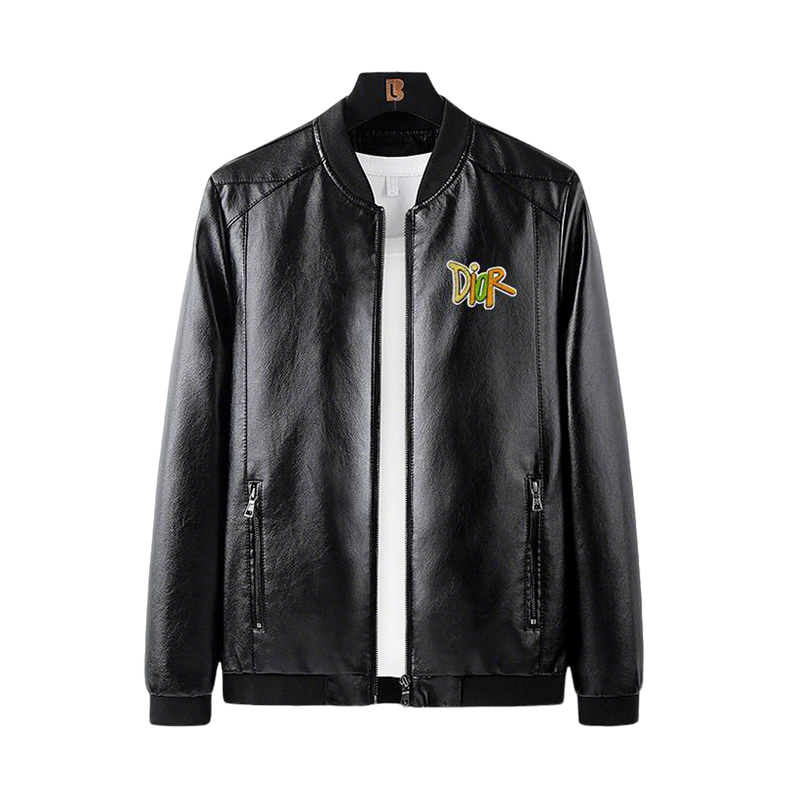 Dior Black Leather Bomber Jacket With Colorful Embroidered Logo