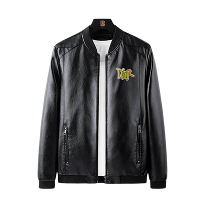 Dior Black Leather Bomber Jacket With Colorful Embroidered Logo